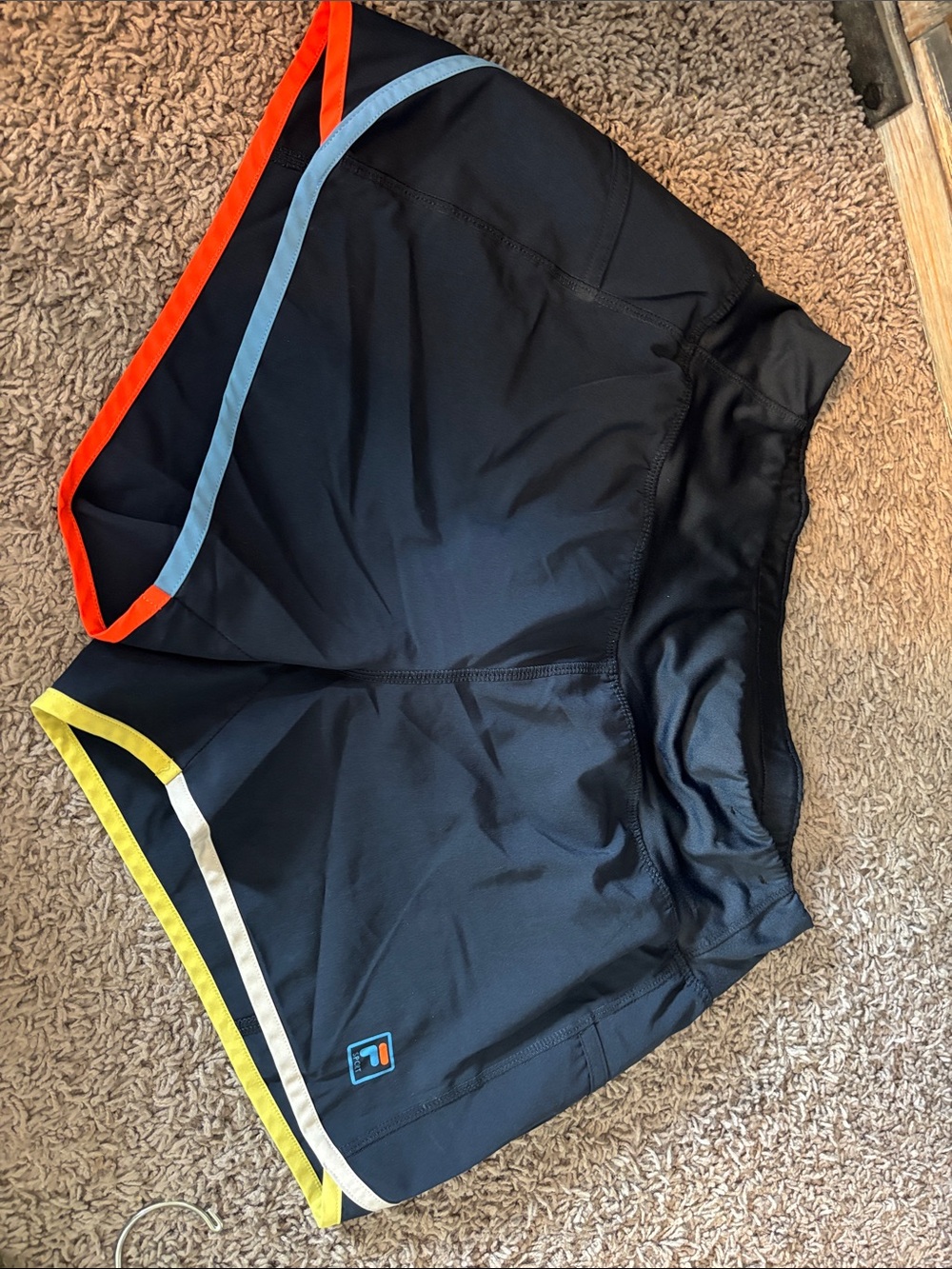 Fila Navy Athletic Shorts with Orange, Light Blue, Yellow and White Trim